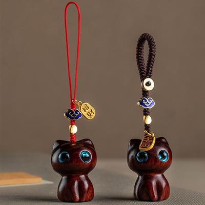 Eco Sandalwood Cat Keychain Natural Wood Anime Charm Hand Knitted Phone Strap Cute Forest Style Gift for Women Girls Accessory