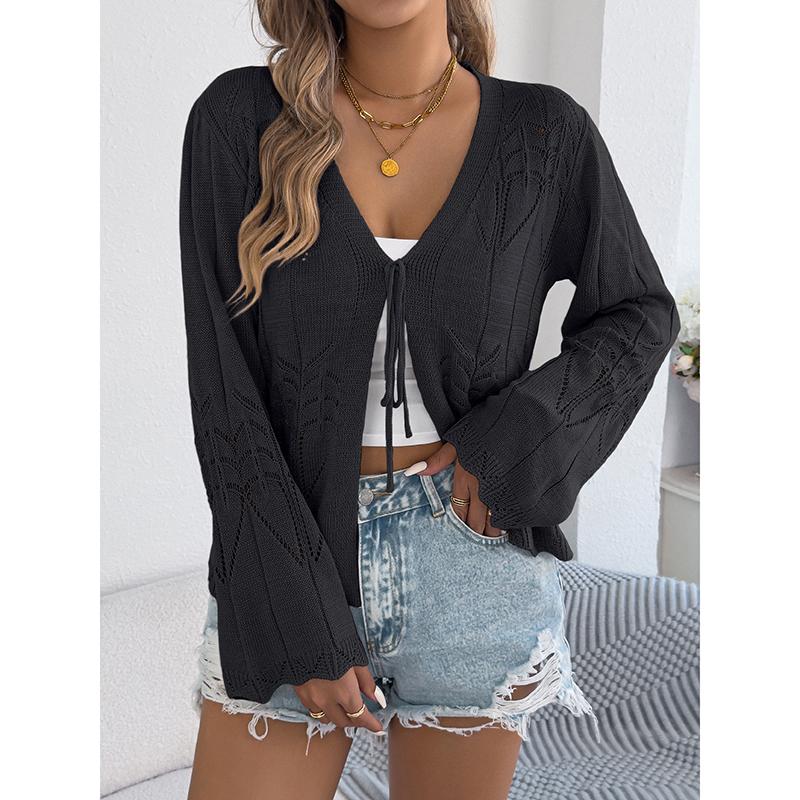 Spring Autumn Casual Lace Up Knitted Cardigan Sweater Women Fashion Clothes Hollow Long Sleeve Knitted Top Sunscreen Shirt
