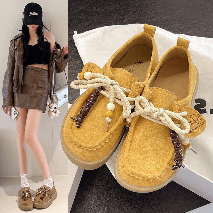 Yellow Platform Boken Shoes Women's All-inclusive Height Increase Summer and Autumn 2025 New Models with Skirts Lace-up Loafers Single Shoes