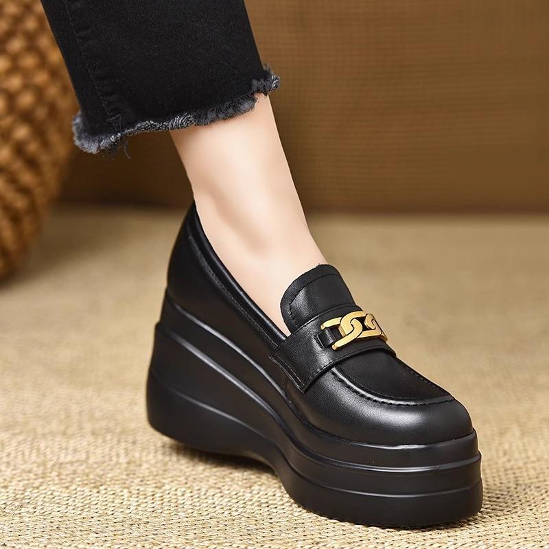 

Handmade women s shoes 8cm spring wedge heel waterproof table heightened thick-soled retro round head patent leather loafers 40