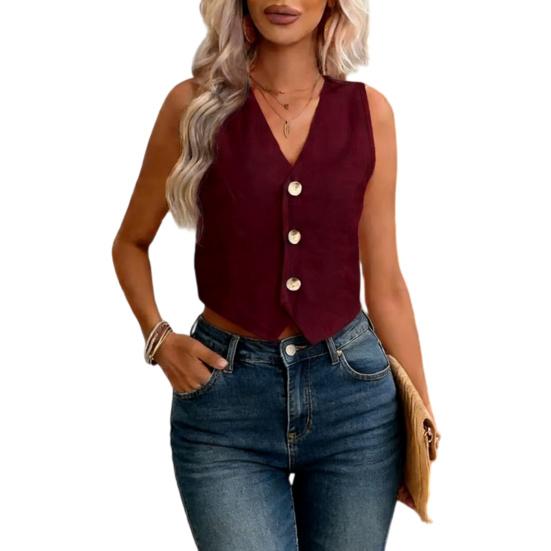 Linen Vest Top for Women Casual Slim Fit Sleeveless Button Down Waistcoat V