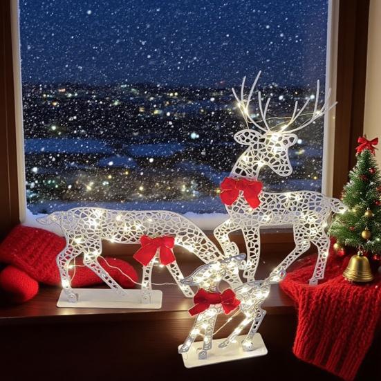 Julelysende Reinsdyrdekorasjon LED-belyst 2D Jernhjortfamilie for Gårdsplass Terrasse Plen Hage Hjem Skrivebordsdekorasjon