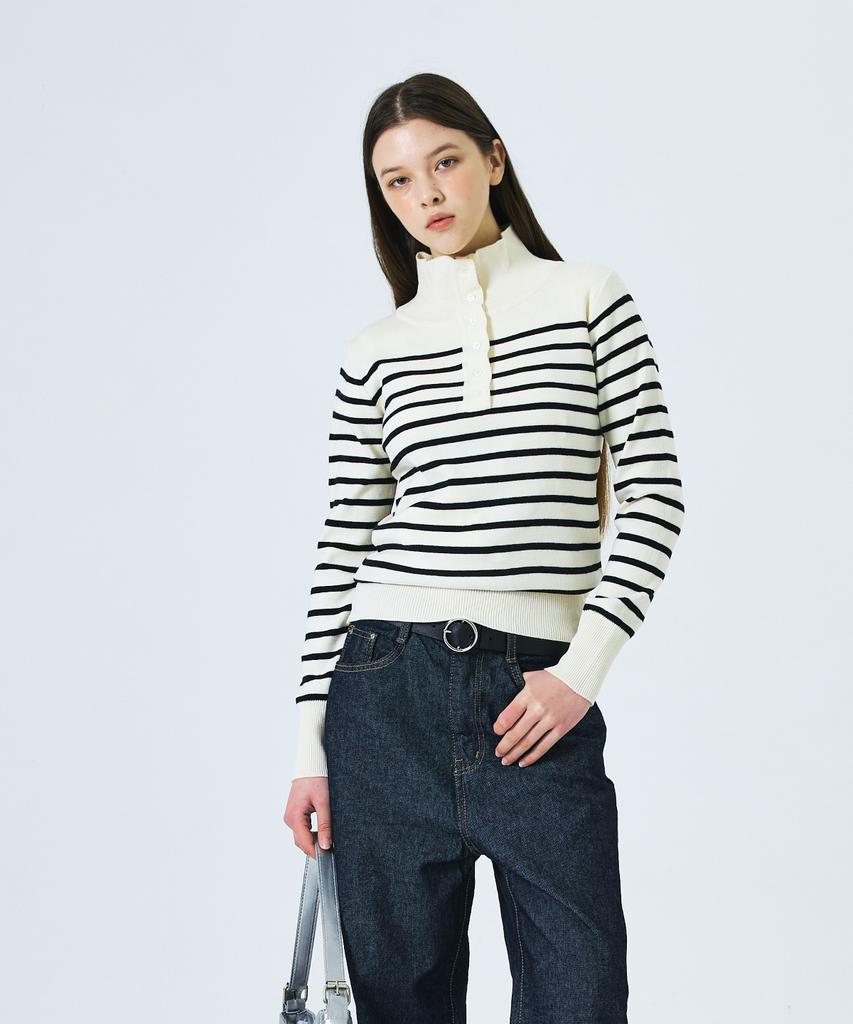 Damiswi Striped High-Neck Open Collar Knit_Ivory