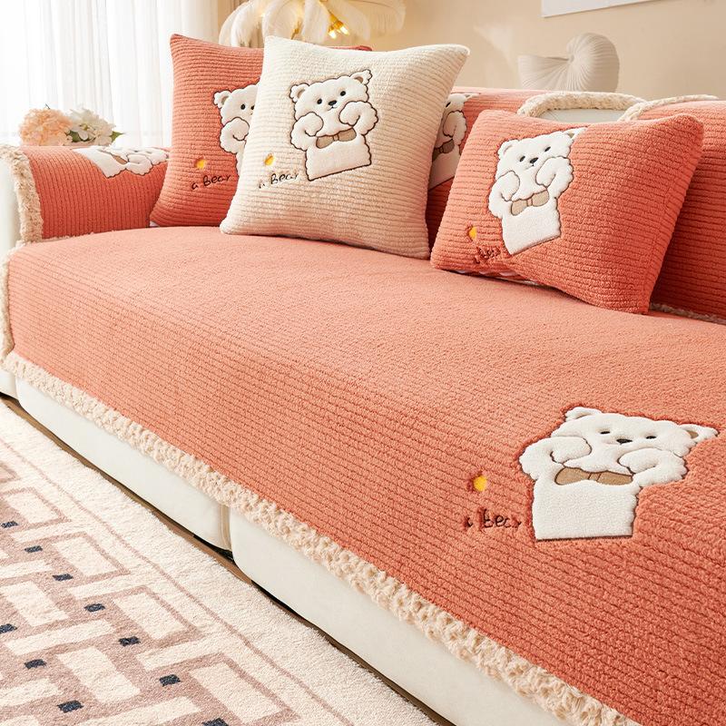 Lamb Plush Cartoon Sofa Cushion Winter Thickened Warm Cushion Non-Slip Universal Living Room Sofa Cover Armrest Backrest Towels