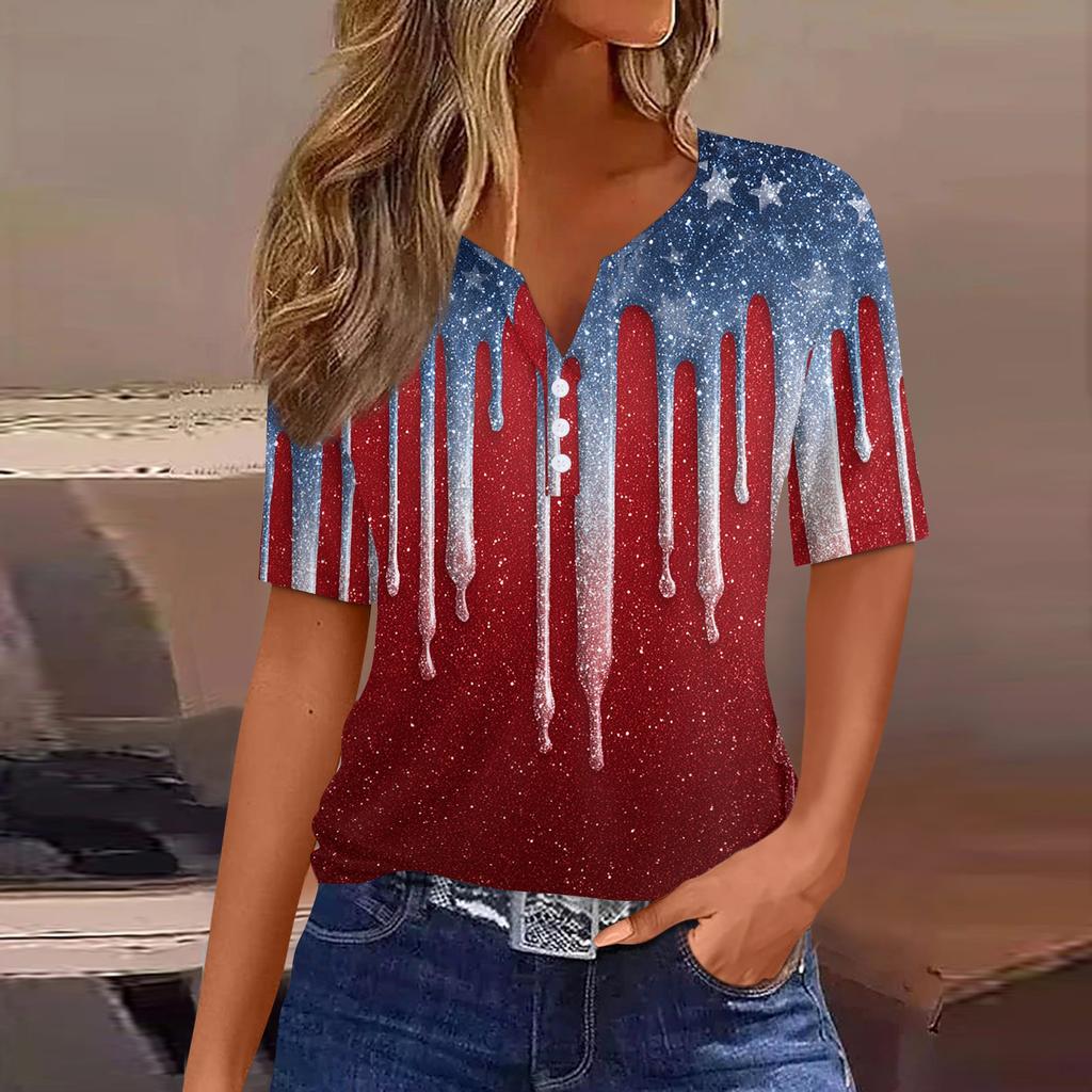 Women's T Shirt Independence Day Print Button Short Sleeve Daily Weekend Fashion Basic V- Neck Regular Top