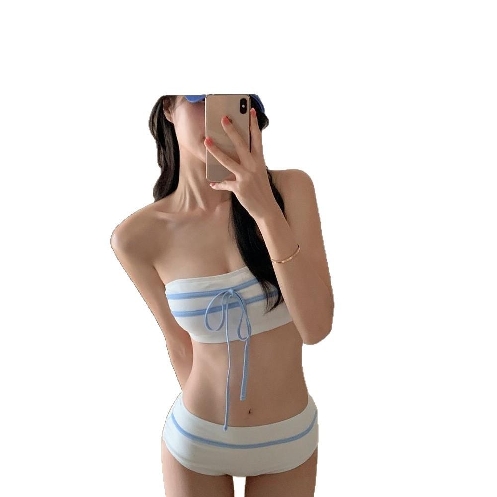 1011 new European beautiful women's high waist bikini suit tight sexy solid color tube top split swimsuit women