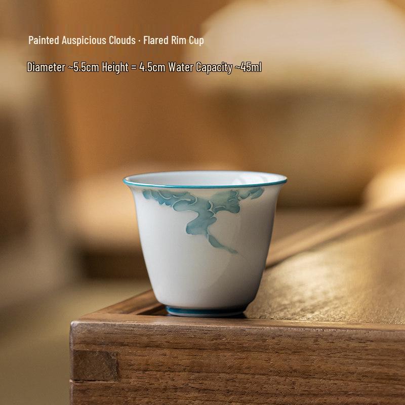 Auspicious Clouds Ceramic Lip-Flared Tea Cup - White Porcelain Aroma Cup for Household Use Under 200mL