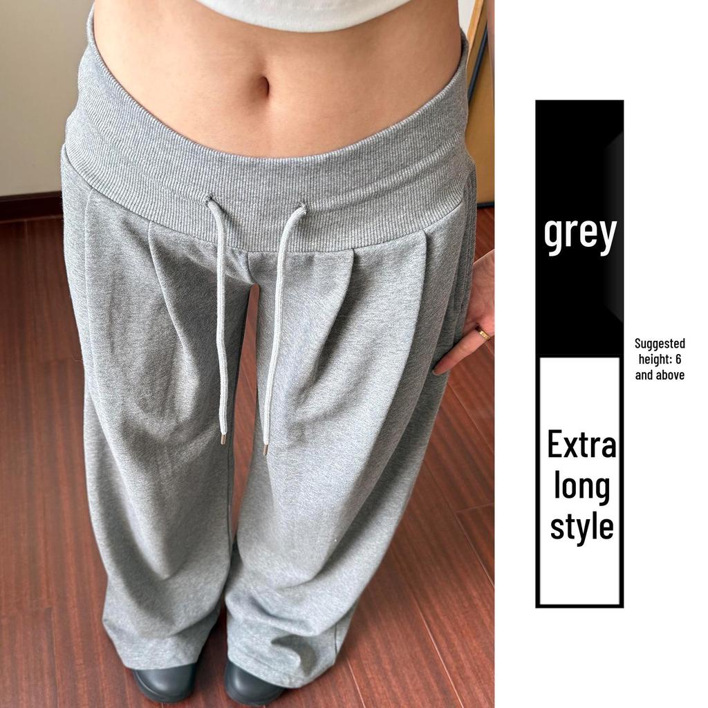 Women's Spring Arrival American-Style Grey Low-Rise Sweatpants, Drapey Comfortable Straight-Leg, Loose Wide-Leg Floor-Length Pants