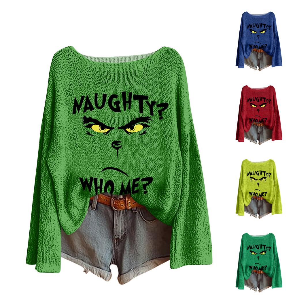 Women's Round Neck Lightweight Sweater Casual Long Sleeve Christmas Print Knit Pullover.