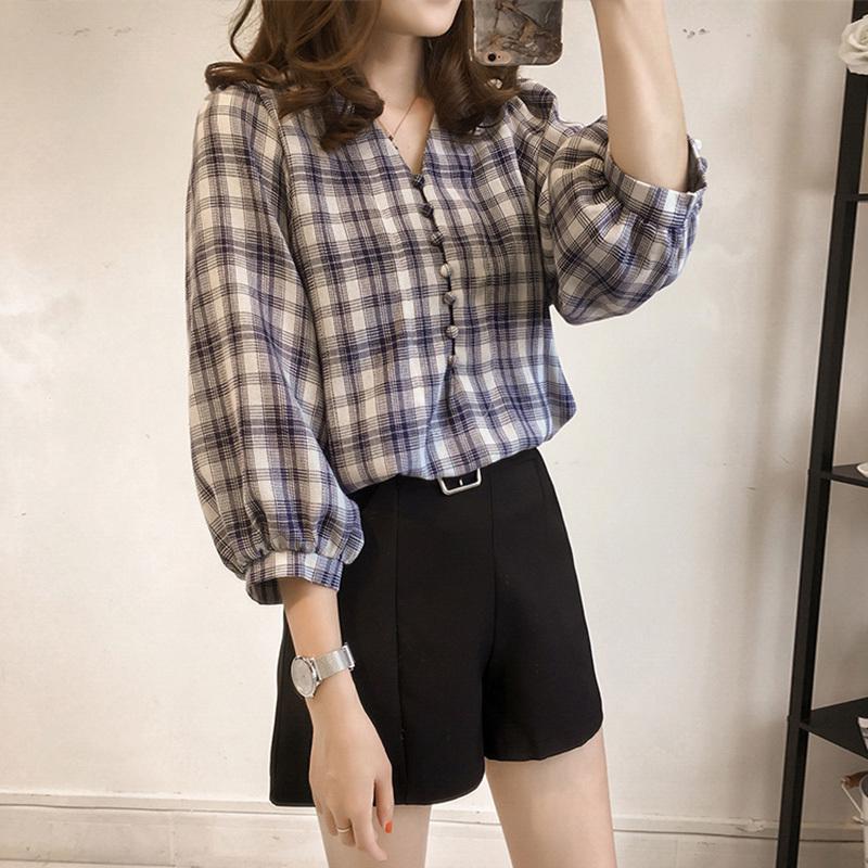 Women Loose-fitting Plaid Pattern Lantern Sleeves Three-quarter Sleeve Blouse