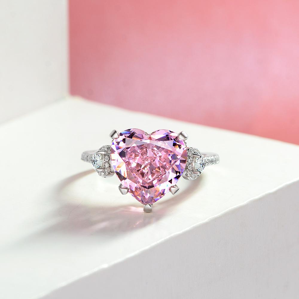 Gica Gema High Carbon Diamond Rings 925 Sterling Silver 12*12mm Heart Pink Gemstone Unique Design Romantic Fine Finger Jewelry Wedding Party Gifts