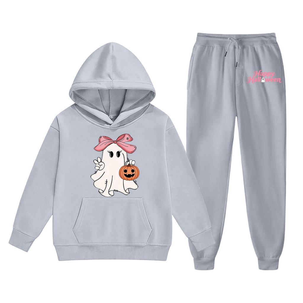 Kids Halloween Hoodie and Pants Set Ghost Print Pullover Hooded Sweatshirt and Elastic Waist Pants Comfortable Fit for Children