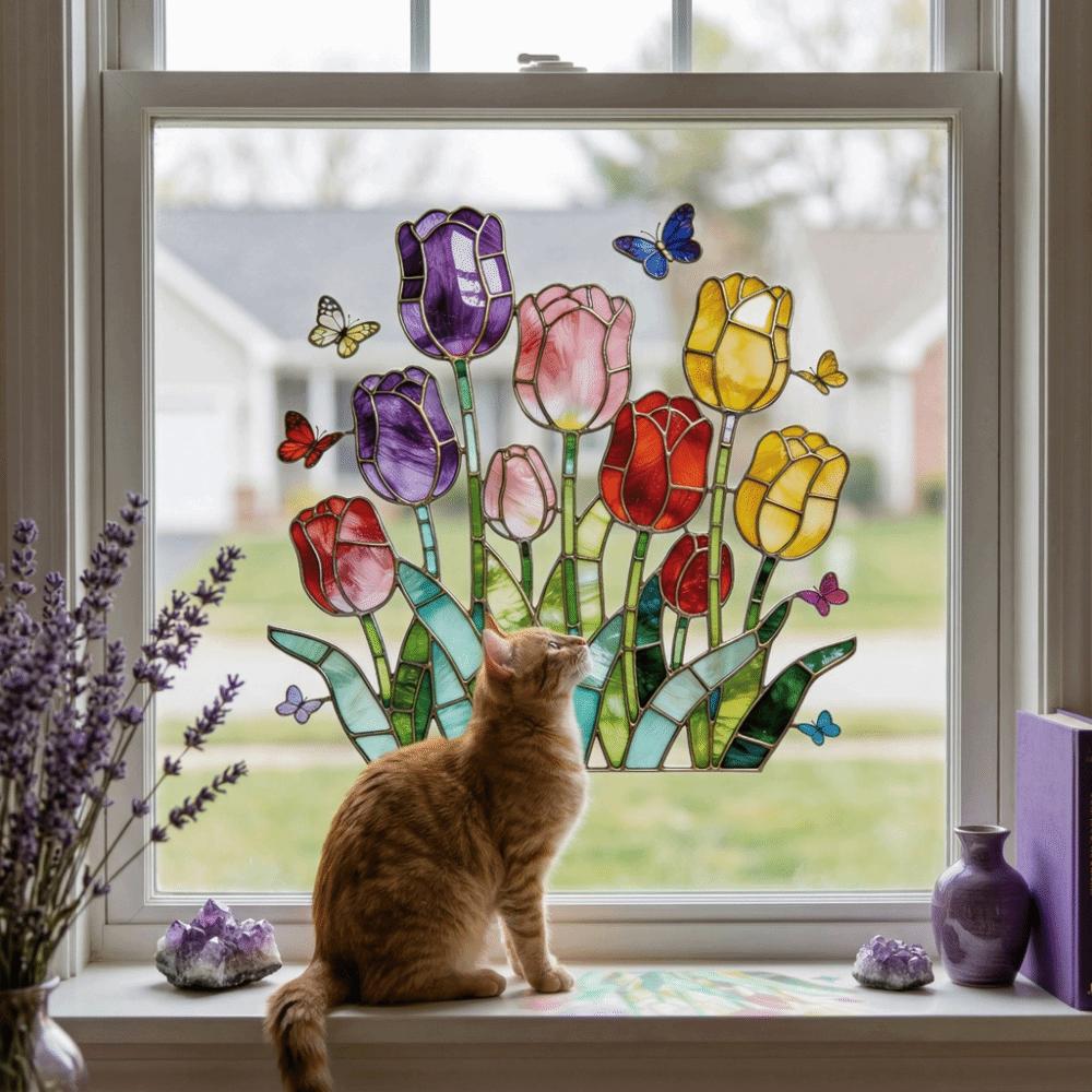Self-adhesive Tulip Glass Stickers Waterproof Tulip Butterfly Wallpaper Tulip Window Decals Window