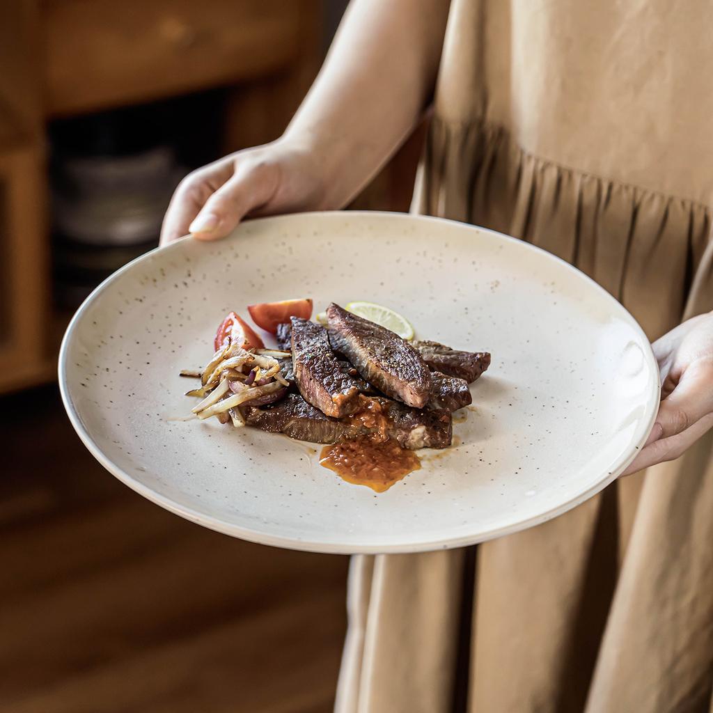 Large Plate Sesame Glaze Ceramic Plate Tableware Household Restaurant Dish Plate Western Plate Steak Plate Round Plate