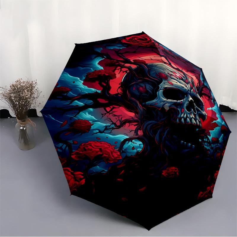 1pc Skull Roses Pattern Automatic Open/Close Umbrella - Compact Travel Umbrella, 8-Rib Heavy-Duty Construction, Ideal Gift, Outdoor Accessor