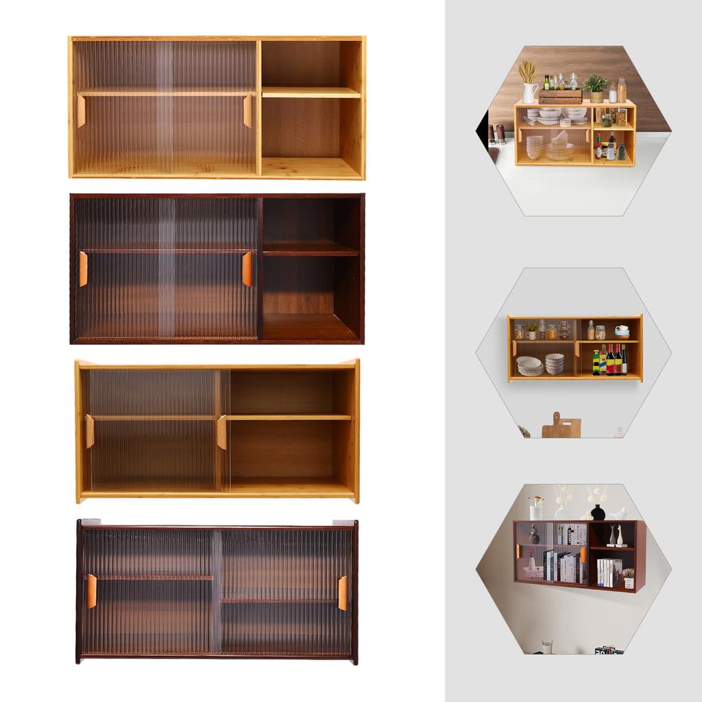 Wall Mount Bamboo Wood Pantry Cabinet,77/80cm 2 Tiers Log Color/Walnut Rectangular Wall Sideboard with Glass Doors for Kitchen