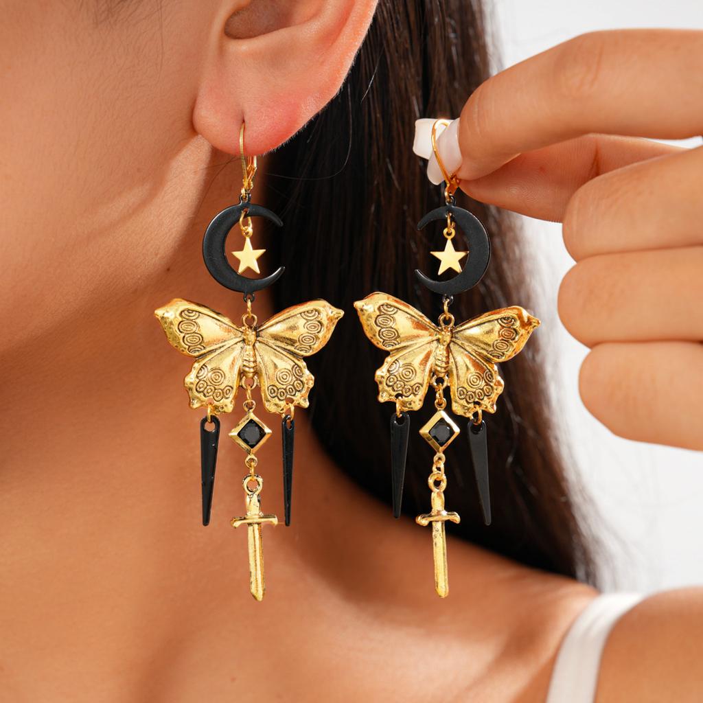 Metal Moon Star Butterfly Cross Tassel Ear Buckle Personality Niche Earrings