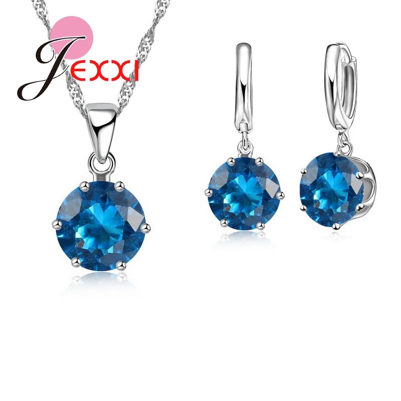 New Fashion 925 Silver Color Shiny Crystals Rhinestones Stones Woman Earring Necklace Jewelry Set 16 Colors