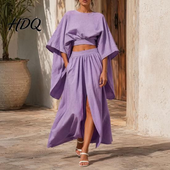Polyester Fiber Outfit Women Summer 2 Piece Outfits Batwing Half Sleeve Crop