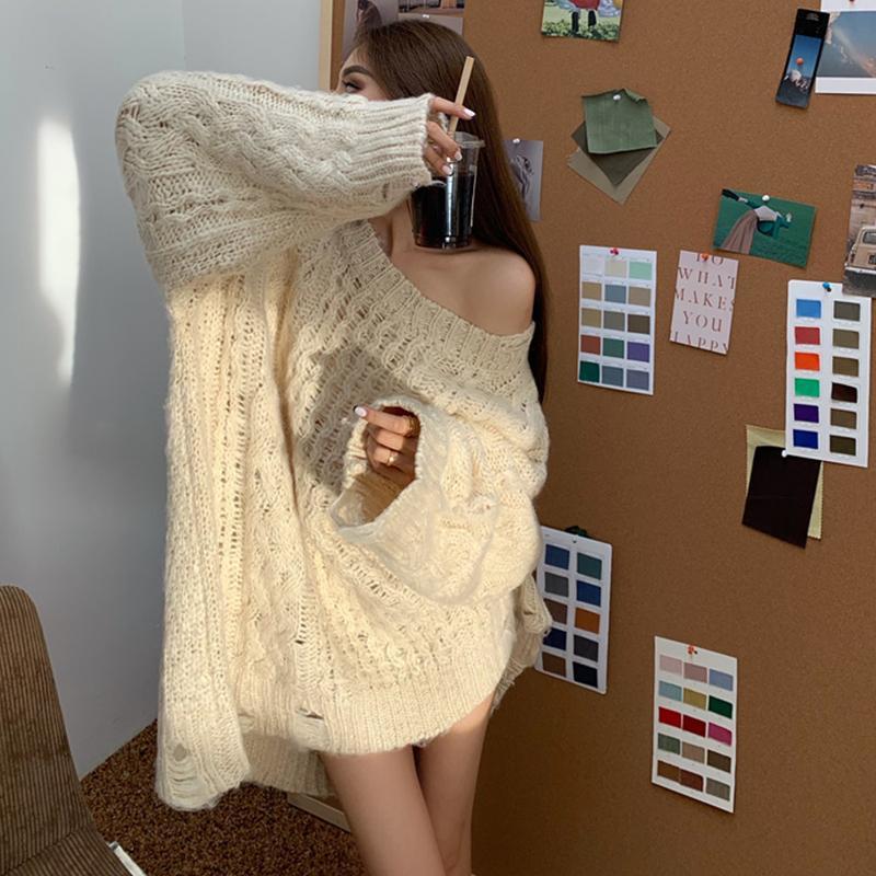 Women's Thick Loose Knit Sweater Coat - Mid-Length, Hollow Design for Autumn/Winter