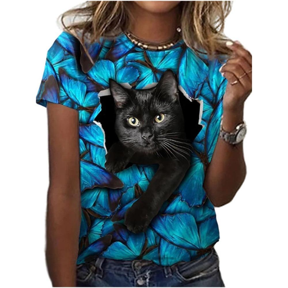 Summer fashion versatile cat animal 3D printed women's round neck short sleeved T-shirt