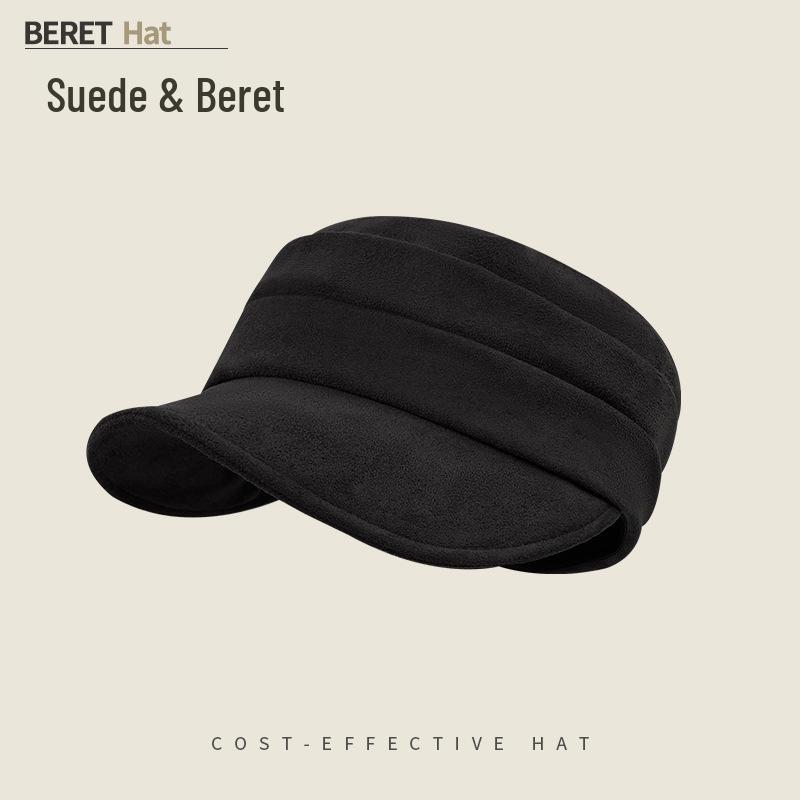 Women's Ruched Suede Flat Top Equestrian Hat - Warm Autumn/Winter Newsboy Cap with Face-Slimming Duckbill Design