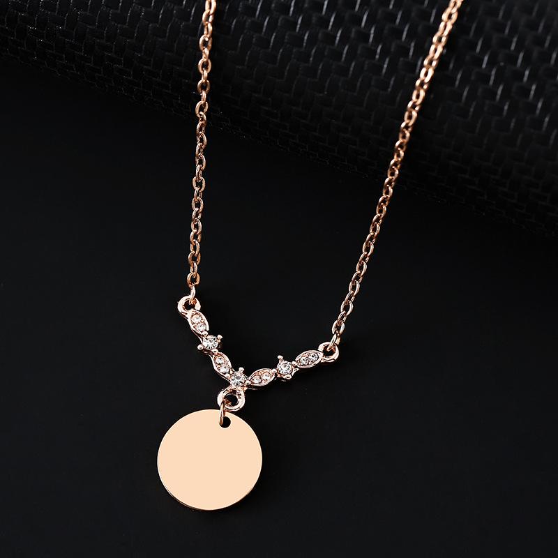 Laser UV Diamond V-Pendant Round Plate Stainless Steel Necklace