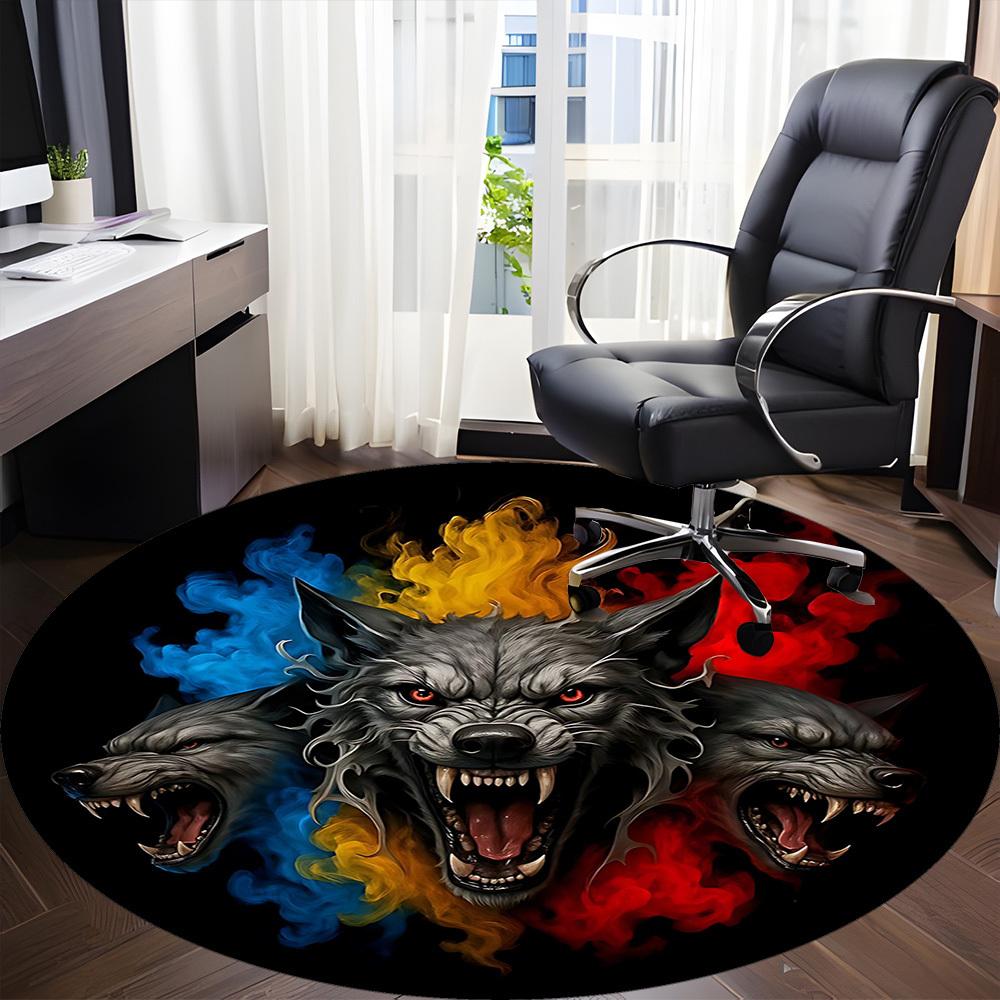 1pc Wolf Head Chair Carpet for Office, Round Polyester Mat, Indoor Decor for Office, Easycare Fabric, Washable Non-slip Area Carpet