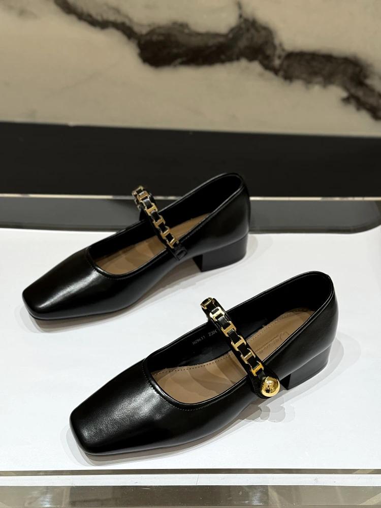 2025 Women's Mid-heeled Single Shoes Square Toe Velcro Chain Small Leather Shoes Office French Shallow Mouth Zapatillas De Mujer