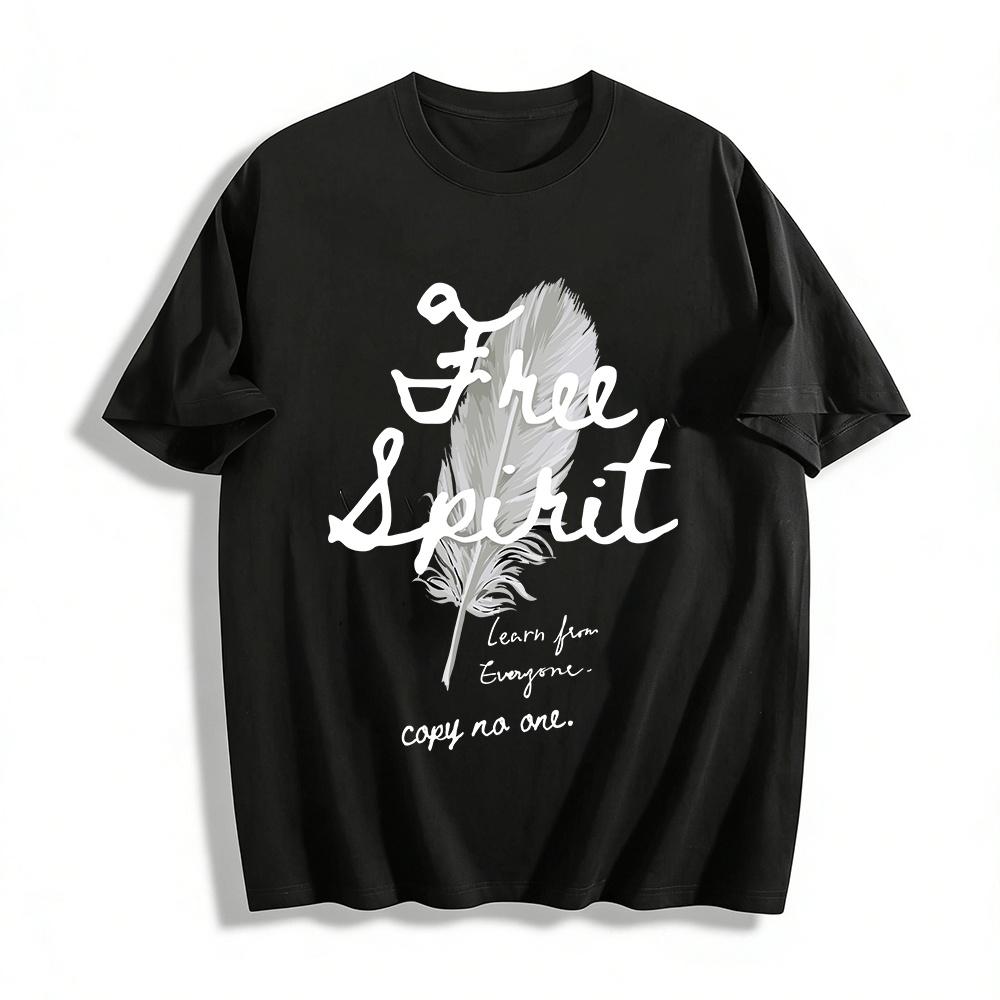 Feather Print Casual T-Shirt Loose Fit Comfy Daily Wear Top Pure cotton T-shirt XXS