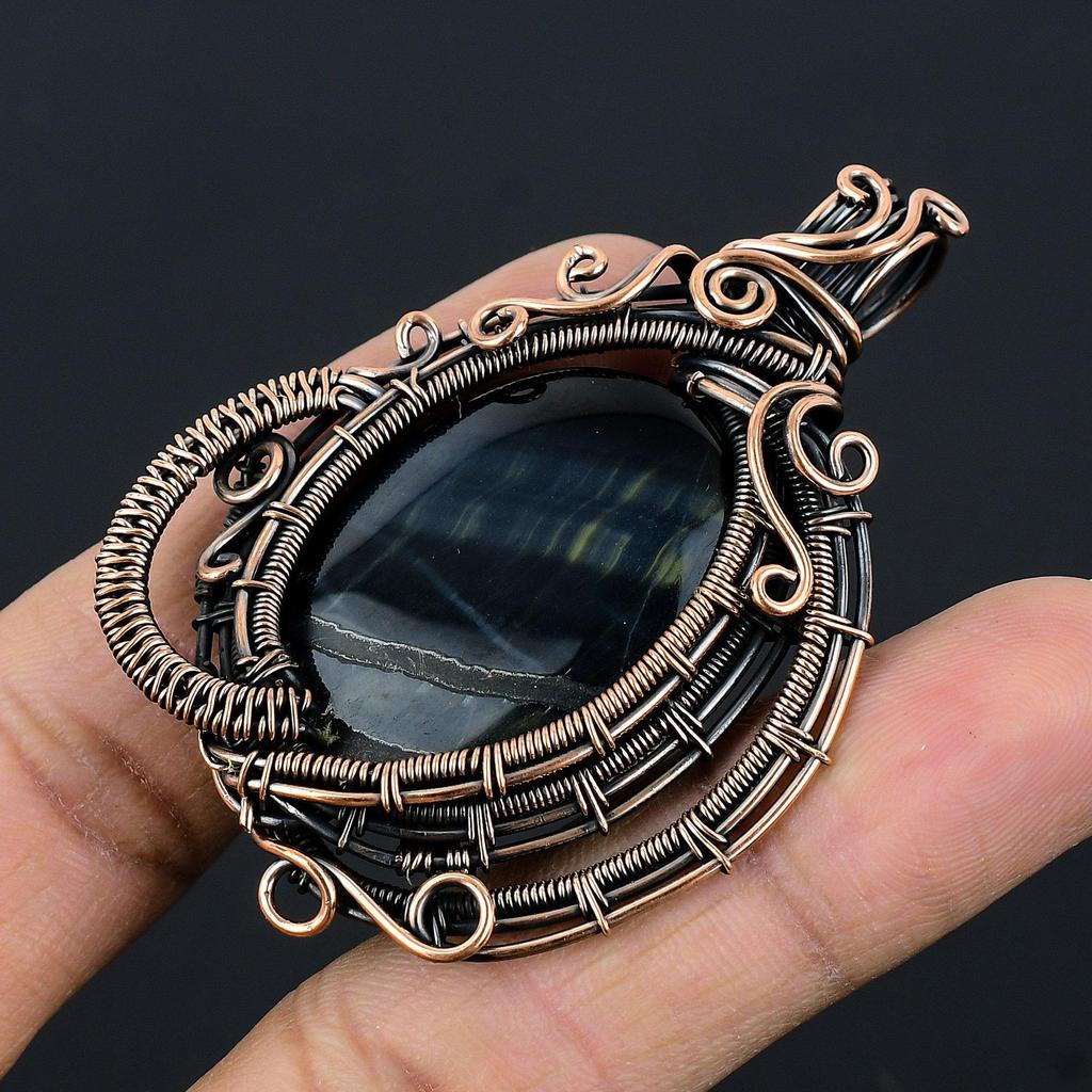Blue Tiger Eye Pendant, 999 Copper Wire Wrapped Pendant Jewelry. Gift For Women Handmade Pendant Gemstone Jewelry