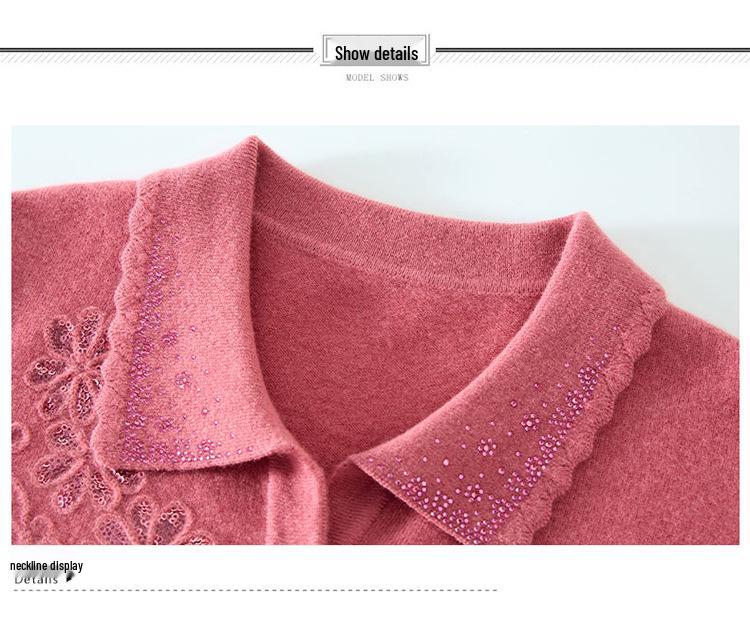 Luxury 100% Pure Wool Embroidered Cardigan for Mothers and Grandmothers - Mid-aged & Elderly Women's Lapel Sweater