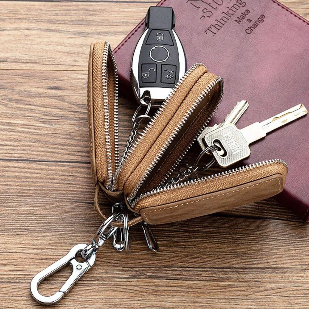 Genuine Cow Leather Home Car Keys' Bag Double Pocket Zipper Mini Wallet Earth Yellow Men Women's Key Holder Transparent Pocket