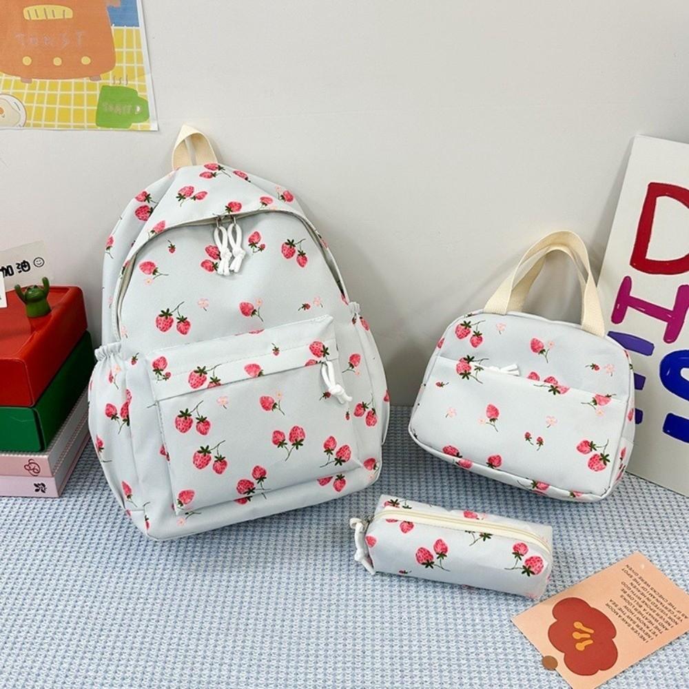 Oxford Cloth Strawberry Backpack Large Capacity Adjustable School Bag Preppy Style with Lunch Bag & Pencil Case Travel Backpack