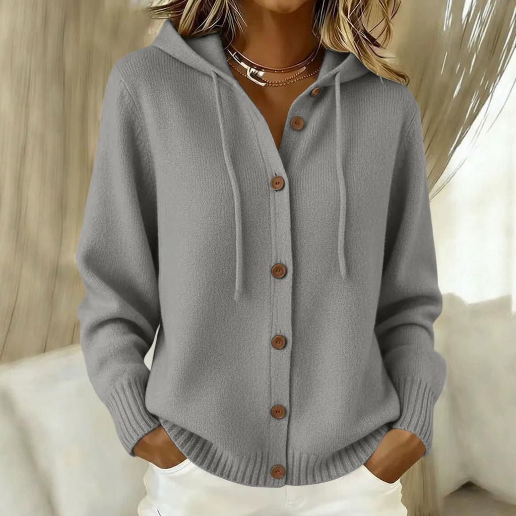 Women's Fashion Color Long Sleeve Button Front Hooded Knit Cardigan Casual Coat