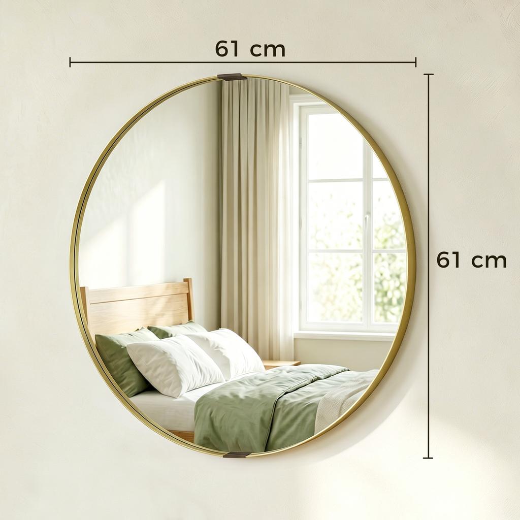 Round Wall Mirror 61 Cm Wall Mounted Bathroom Mirror With Tempered Safety Glass And Aluminium Alloy Frame Gold Tone