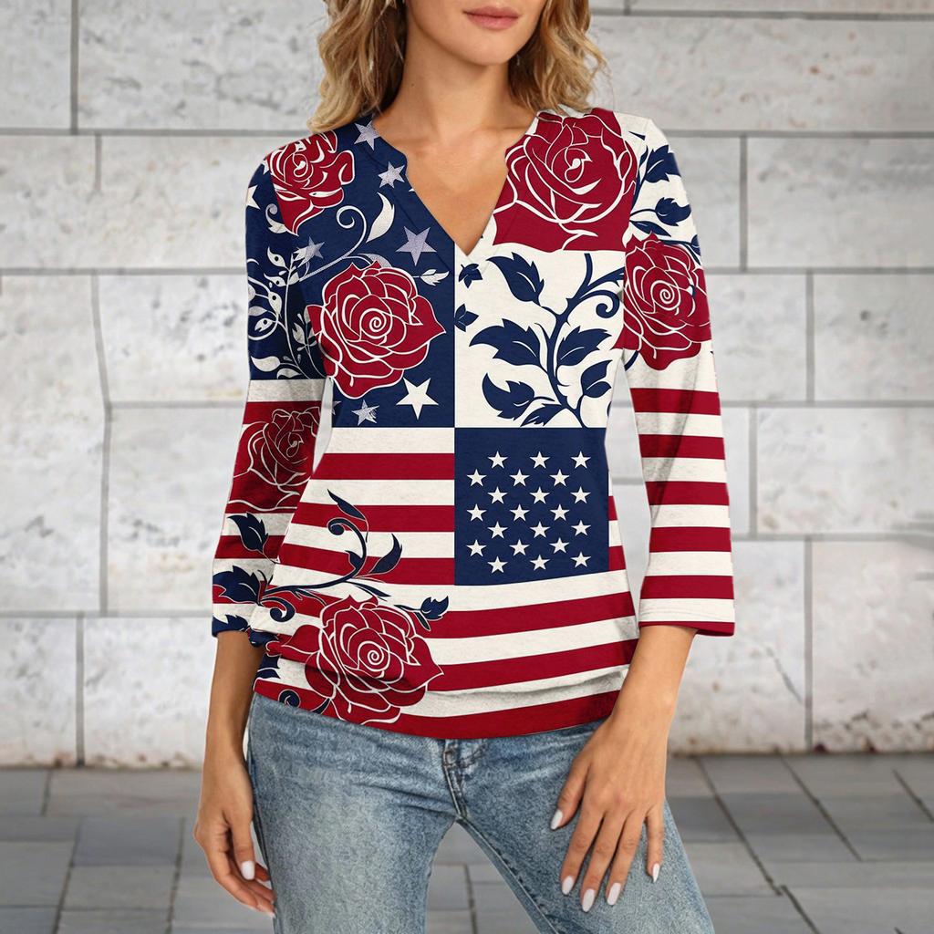 Women's 3/4 Sleeve Neck Hem V-Neck Summer Casual Base Top Independence Day Printed Top