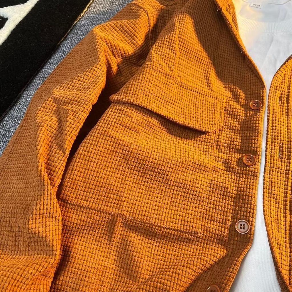 Men's Waffle-weave Japanese Retro Shirt, Youth Spring and Autumn Oversized Long-sleeved Loose-fitting Casual Workwear Jacket