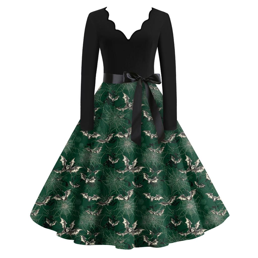 Damen Casual Fashion Langarm Halloween Grafik bedruckt Vintage Lange Kleider