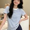 Ladies' Blue White Striped T-shirt Female Round Neck Loose Short Sleeved Blouse Summer New Korean Style Versatile Top