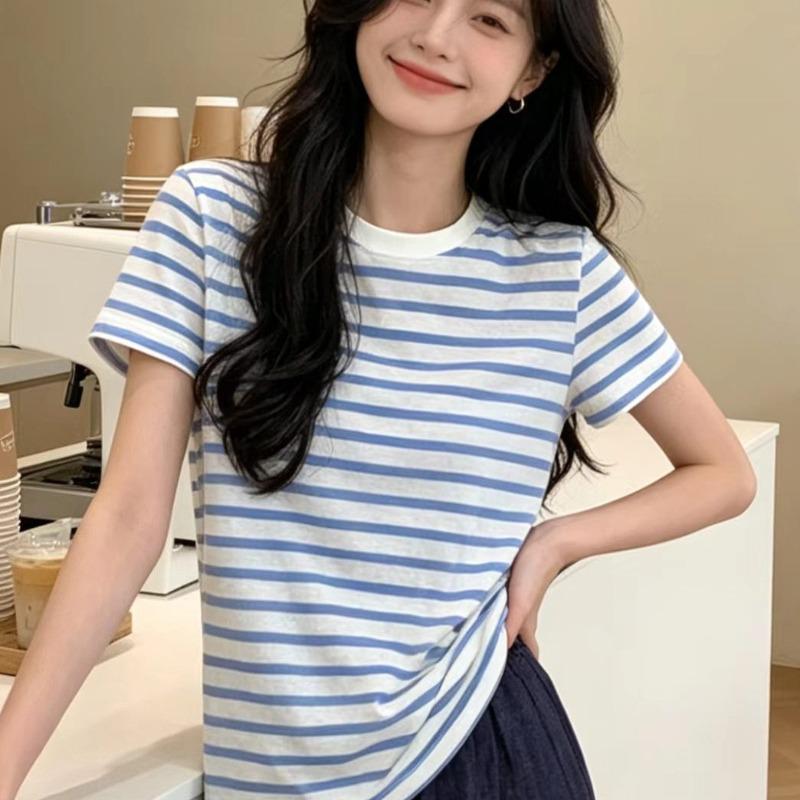 Ladies' Blue White Striped T-shirt Female Round Neck Loose Short Sleeved Blouse Summer New Korean Style Versatile Top