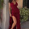 Sexy V Neck Milk Silk Sleeveless Dress With Ruffle Edge And Side Slit For Night Out