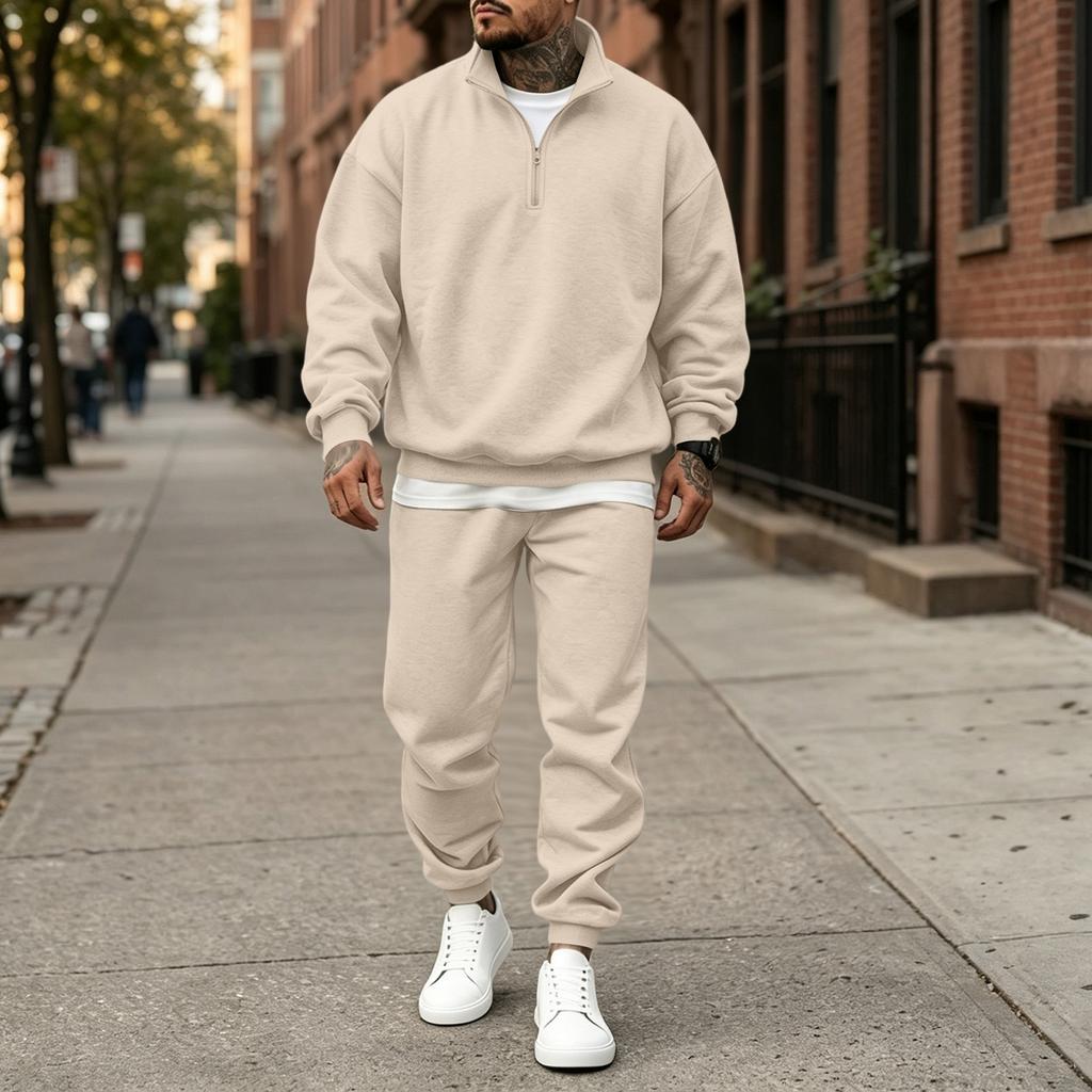 Men's Casual Loose Fit Lined Stand Collar Sweatshirt Set for Fall and Winter