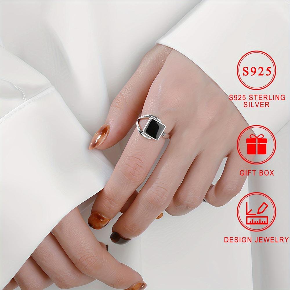 Anillos Cuadrados Negros de Plata de Ley 925 de Moda para Mujer Anillo de Dedo Diario para Fiesta Joyería Fina Regalo