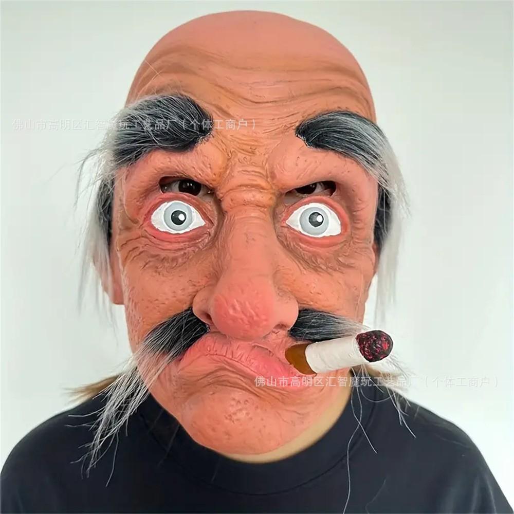 Smoking Old Man Mask Halloween Party Mask Bald Grandpa/Grandma s latex hood is selling well Smoking old man with a po