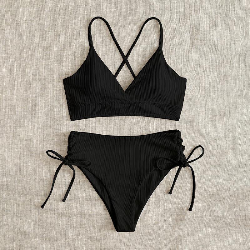 Cikini-V-Neck Split Bikini Set for Women, Sexy Swimsuit, Lace Up, Triangular Bikinis, Solid Color, Beach Swimwear, Bathing Suit S чёрный