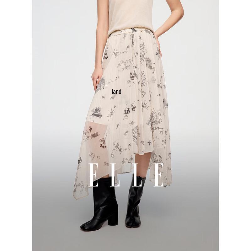 ELLE 2026 Autumn Printed Chiffon Asymmetric A-Line Midi Skirt M