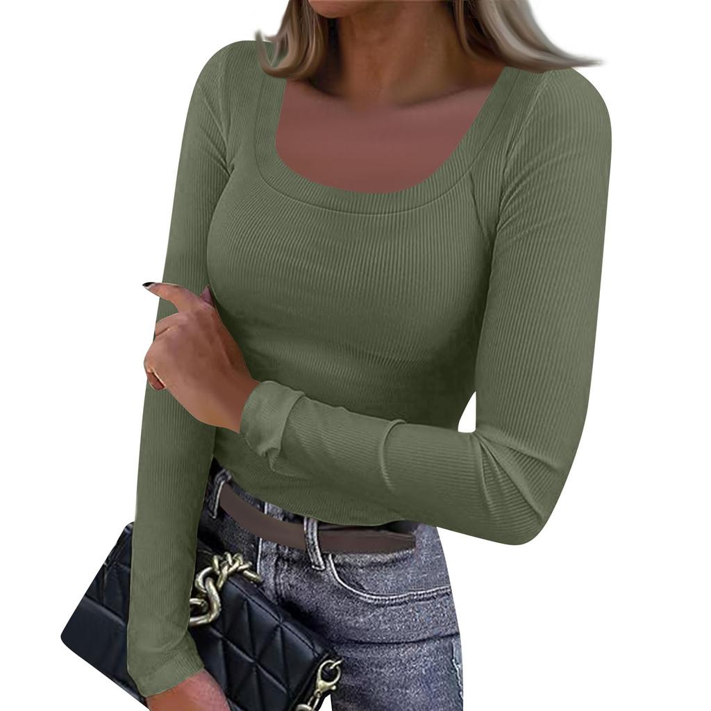 Women's And Winter Slim Bottom T-shirt Fashion Casual Color Square Neck Pullover Long Sleeve Top
