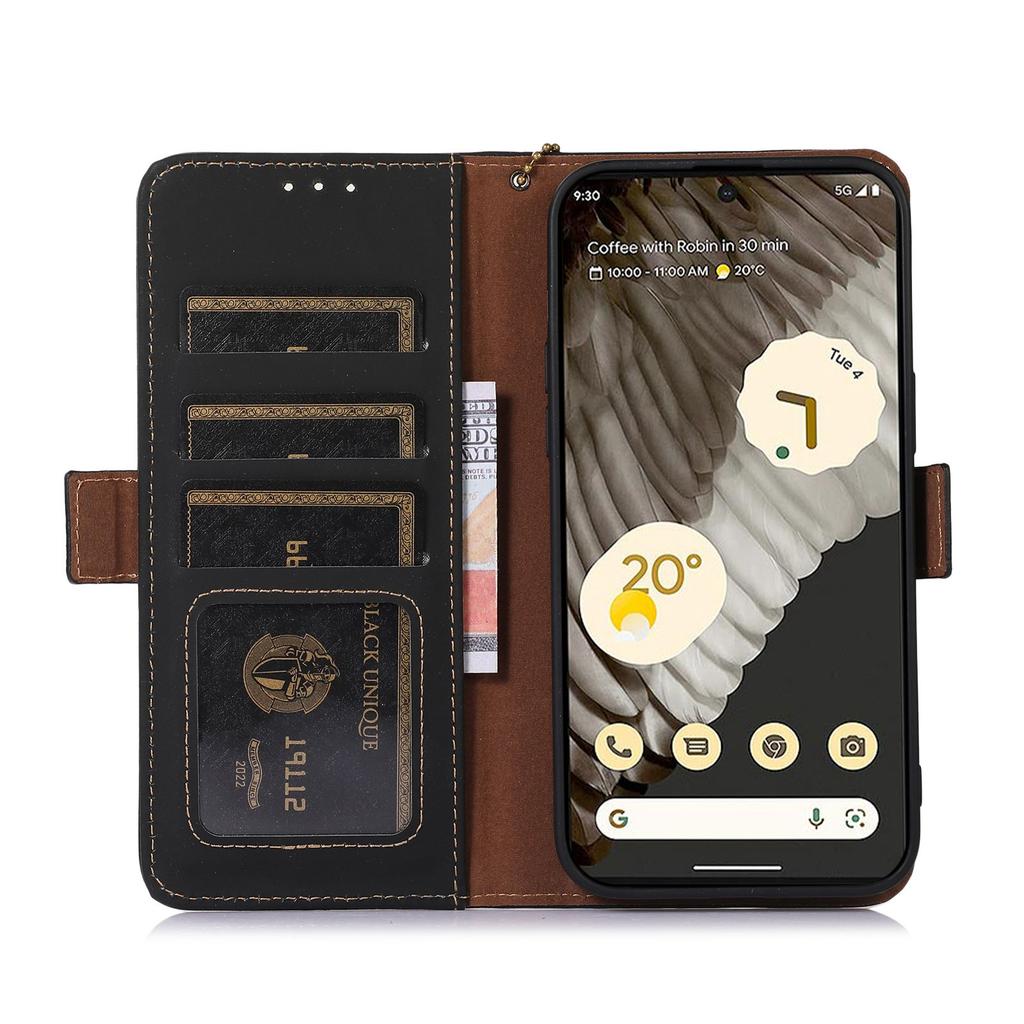 For Google Pixel 7a RFID Blocking Phone Cover Genuine Cow Leather Case with Stand Wallet