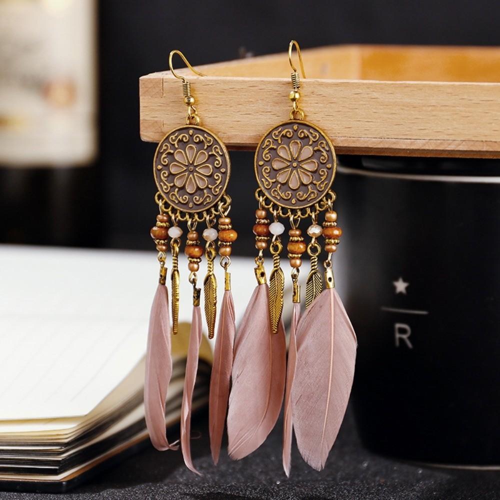 Boho Feather Earrings Ethnic Leaf Shape Long Dangle Tassel Earring Jewelry Accessories Dream Catcher Women Drop Earrings Wedding